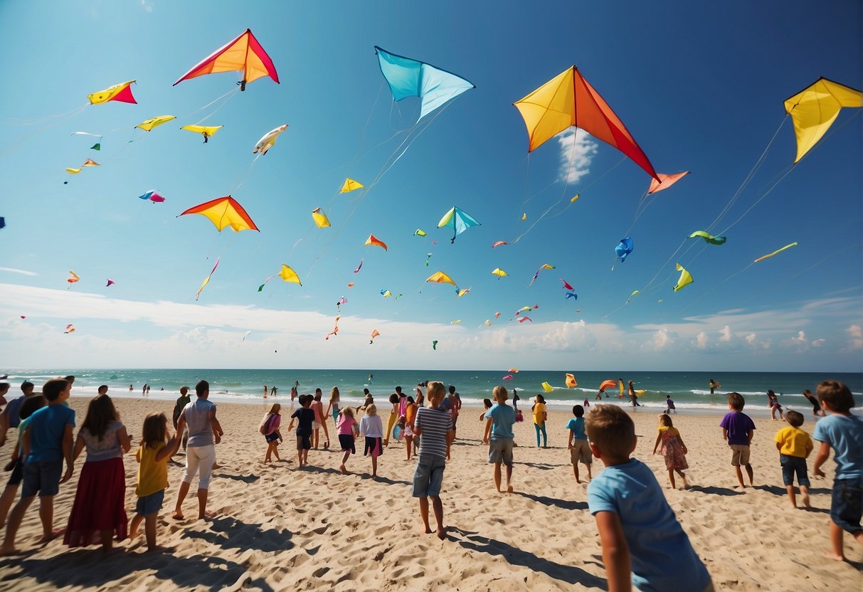 Numerous kids flying kites on a beach