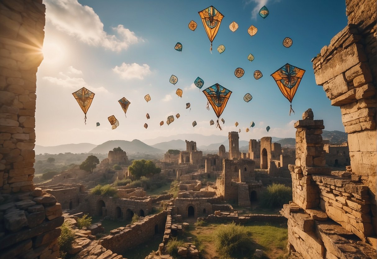 Graphic of kites flying over an ancient city
