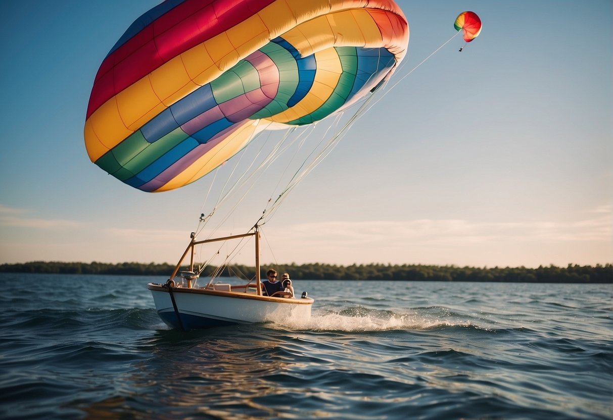 Large colorful kite pulling a boat on a lake